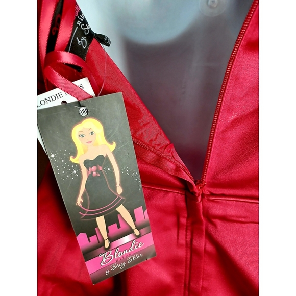 Blondie Nights Bow Ruffle Strapless Satin Fit-and-Flare Dress - Red - Picture 12 of 16